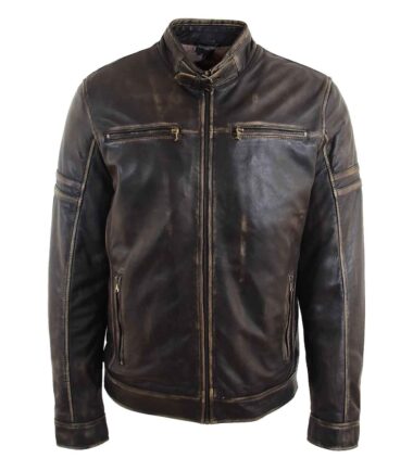 Mens Real Leather Biker Jacket Vintage Rub Off Effect RICKY